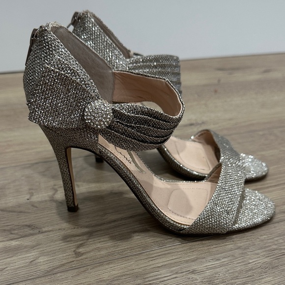 Nina Shoes - Gold Glam Silver metallic ankle strap sandals heels bow size 6 stiletto bride